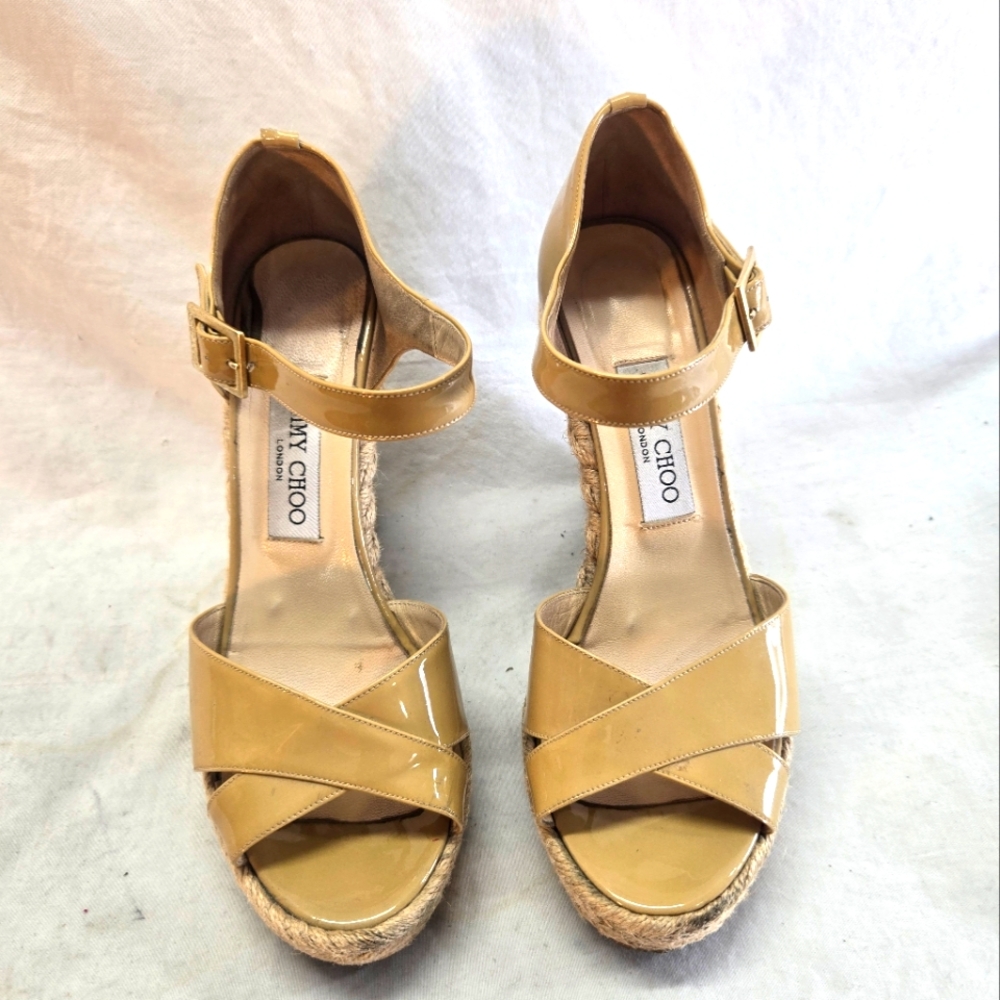 Jimmy Choo Women's 38.5 Wedge Espadrilles Nude Patent Leather Sandals - Picture 3 of 7